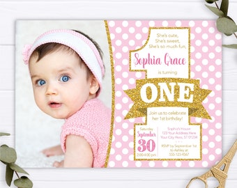 Pink and Gold First Birthday Invitation, Editable Pink and Gold Invitation Template, Printable Girl 1st Birthday Invite, She's Cute Sweet