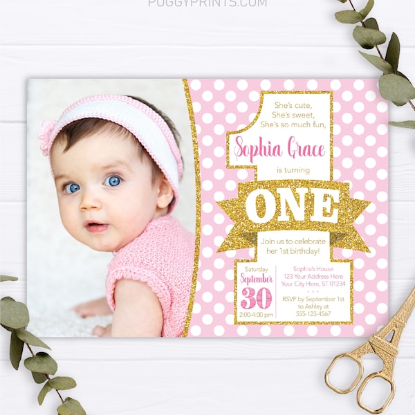 Pink and Gold First Birthday Invitation, Editable Pink and Gold Invitation Template, Printable Girl 1st Birthday Invite, She's Cute Sweet