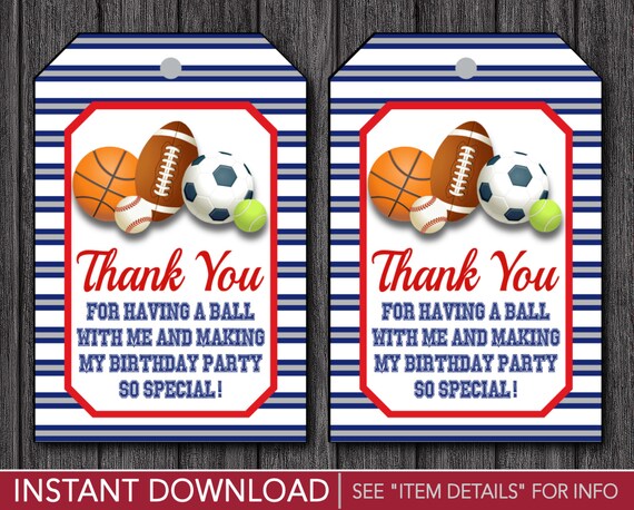 Sports Birthday Favor Tags - Sports Thank You Party Favor Tags - Printable Digital File - INSTANT DOWNLOAD Il_570xn
