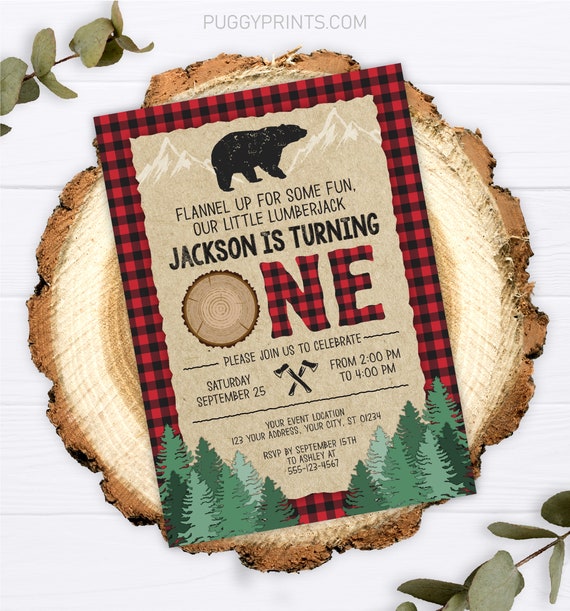 Lumberjack First Birthday Invitation, Editable Lumberjack Birthday Invitation, Boy 1st Birthday, Woodland Birthday, Bear Invitation Il_570xn