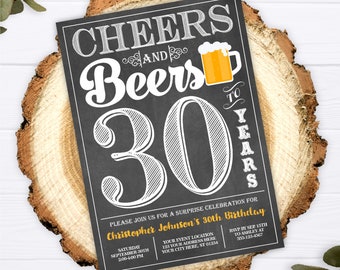 Cheers and Beers to 30 Years Invitation, 30th Birthday Invitations of Men, Editable Surprise Adult Birthday Invite, Beer Invites, Any Age