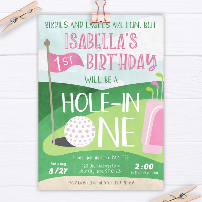 Litet Hole in One-festpaket | Golffödelsedagsinbjudan, banderoll, muffinsdekorationer och tackkort bild 2