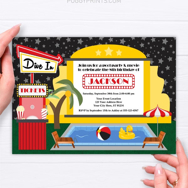 Dive In Birthday Invitation for a Pool Party and Movie Night | Editable Template Online | Instant Download