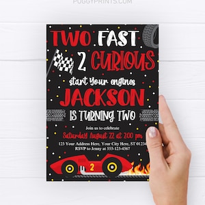 Dois convites rápidos de aniversário: festa de carro de corrida (modelo editável)