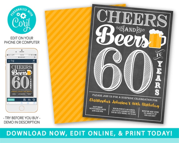 Cheers and Beers Invitation, Cheers and Beers to 60 Years, Beer Invite, 60th Birthday, Instant Download, Surprise Birthday, Adult Invitation Il_570xn