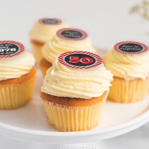 50th Birthday Cupcake Toppers, Aged to Perfection Est. 1971, Editable Red and Silver Cupcake Toppers, Adult Birthday Party Decorations image 2