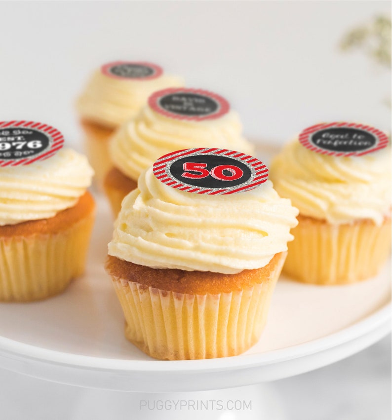 50th Birthday Cupcake Toppers, Aged to Perfection Est. 1971, Editable Red and Silver Cupcake Toppers, Adult Birthday Party Decorations image 2