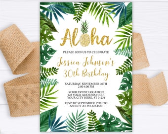 Luau Birthday Invitation, Editable Luau Invitation Template, Aloha Adult Birthday Invite, Gold Pineapple Tropical Invitations, Printable