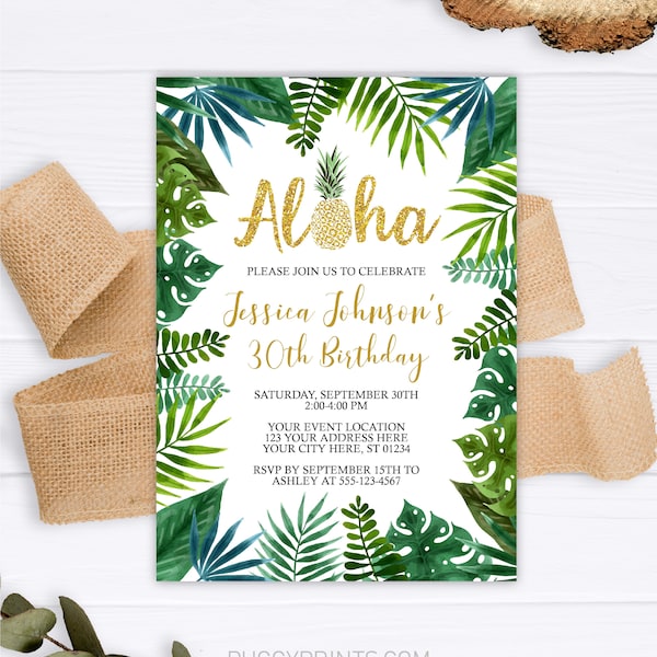 Luau Birthday Invitation, Editable Luau Invitation Template, Aloha Adult Birthday Invite, Gold Pineapple Tropical Invitations, Printable