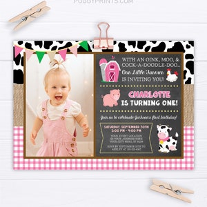 Farm Birthday Invitation, Editable Farm Invitation Template, Printable Girl Barnyard Birthday Party Invite, Pink Farm Animals image 1