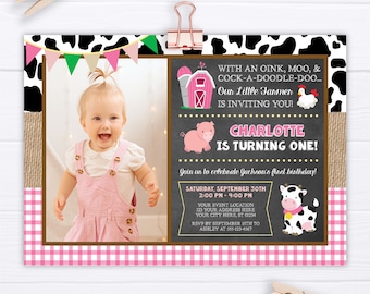 Farm Birthday Invitation, Editable Farm Invitation Template, Printable Girl Barnyard Birthday Party Invite, Pink Farm Animals
