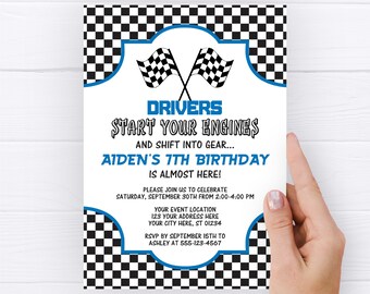 Race Car Birthday Invitation, Race Car Invitation, Racing Birthday Invitations, Blue Go Kart Birthday Invite, Boys Birthday Party, Editable