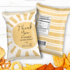 Editable Sunshine Chip Bags, Printable Sunshine Baby Shower Decorations, Neutral Boho Baby Shower Party Favors, Printable Sun Favor Bags