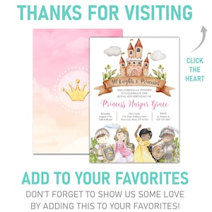 May include: A pink and blue printable invitation for a princess-themed birthday party. The invitation features a castle, a crown, and four children dressed as knights and princesses. The text on the invitation reads "All Knights & Princesses are cordially invited to celebrate the royal 4th birthday of Princess Harper Grace".