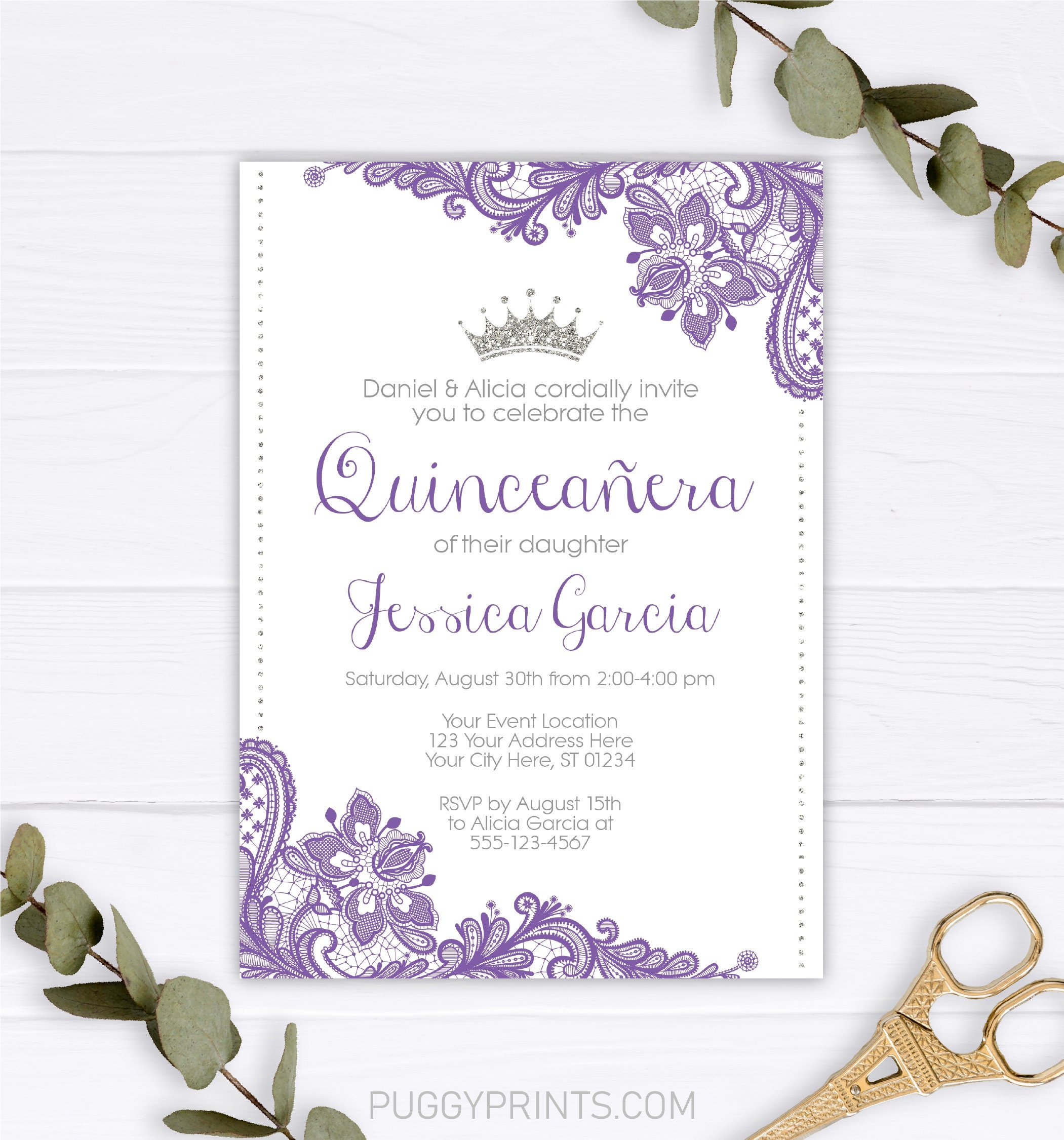 Quinceanera Invitation, Princess Quinceañera Invitation Template, Purple  Lace & Silver Glitter, Elegant Quinceanera Printable, Mis Quince 