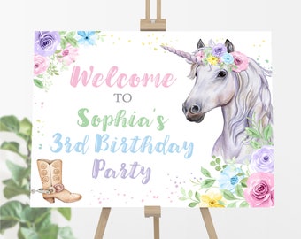 Unicorn Horse Birthday Welcome Poster, Editable Horse Welcome Sign, Printable Unicorn Party Welcome Poster, Cowgirl Birthday Party Decor