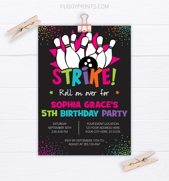 Bowling Birthday Invitation Editable Bowling Invitation Template Girl Teen Birthday Party Invitations Neon Glow Bowling Strike Invites By Puggy Prints Catch My Party