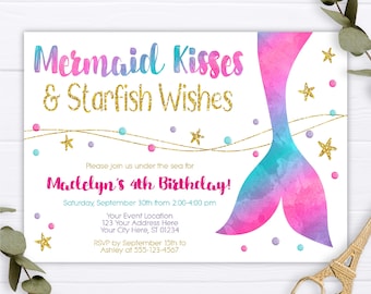 Mermaid Birthday Invitation, Editable Mermaid Invitation Template, Printable Mermaid Birthday Party Invitations, Mermaid Tail Watercolor