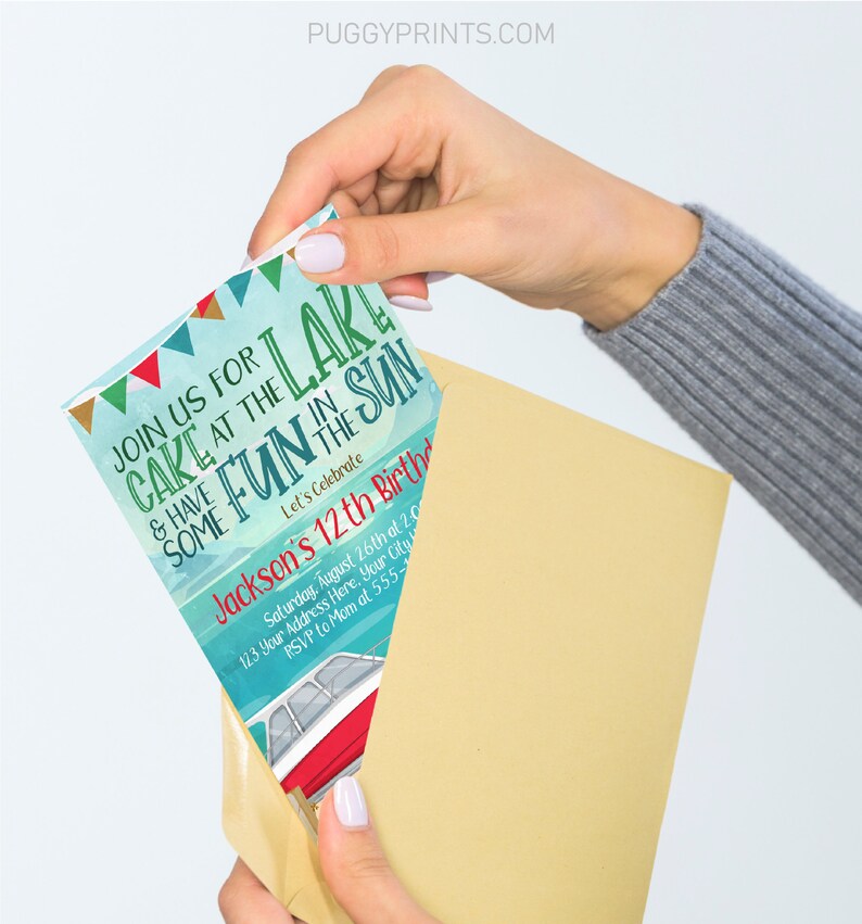 May include: A colorful invitation for a birthday party at the lake. The invitation features a boat on the water, a blue sky, and the text "Join us for cake at the lake & have some fun in the sun. Let's celebrate Jackson's 12th Birthday!"