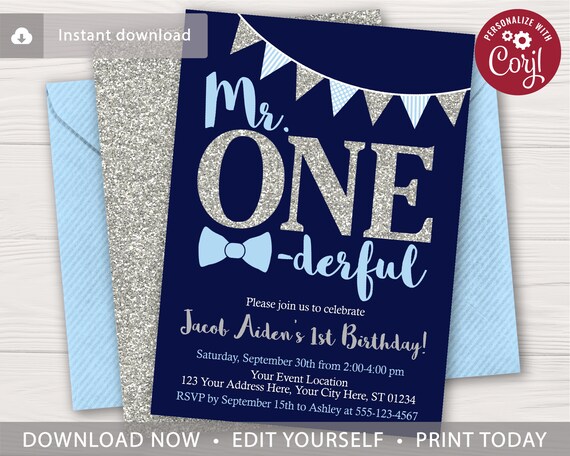 Mr. ONEderful Birthday Invitation in Navy, Silver, and Baby Blue | Editable Template Online | Instant Download Il_570xn