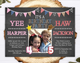 Cowboy and Cowgirl Birthday Invitation, Joint Birthday Invite, Siblings Birthday Invitations, Farm Birthday, Western Invitation, Editable