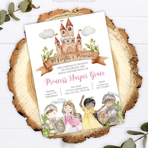 May include: A printable invitation for a princess-themed birthday party. The invitation features a watercolor illustration of a castle, knights, and princesses. The text reads "All Knights & Princesses are cordially invited to celebrate the royal 4th birthday of Princess Harper Grace".