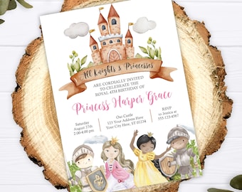 May include: A printable invitation for a princess-themed birthday party. The invitation features a watercolor illustration of a castle, knights, and princesses. The text reads "All Knights & Princesses are cordially invited to celebrate the royal 4th birthday of Princess Harper Grace".