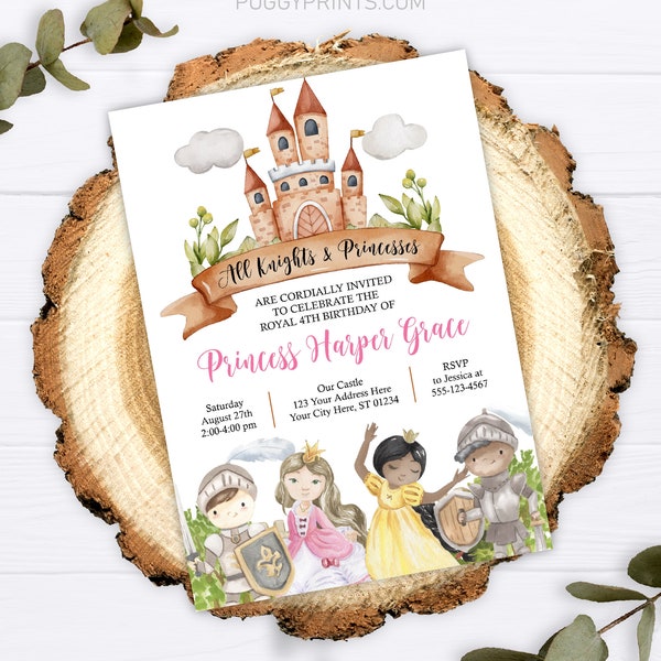 Knights and Princesses Birthday Invitation, Editable Storybook Invitation Template, Printable Fairytale Birthday Party Invite, Girl Birthday