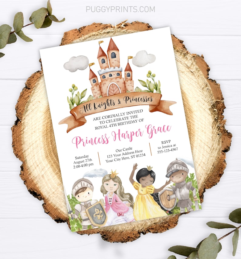 May include: A printable invitation for a princess-themed birthday party. The invitation features a watercolor illustration of a castle, knights, and princesses. The text reads "All Knights & Princesses are cordially invited to celebrate the royal 4th birthday of Princess Harper Grace".