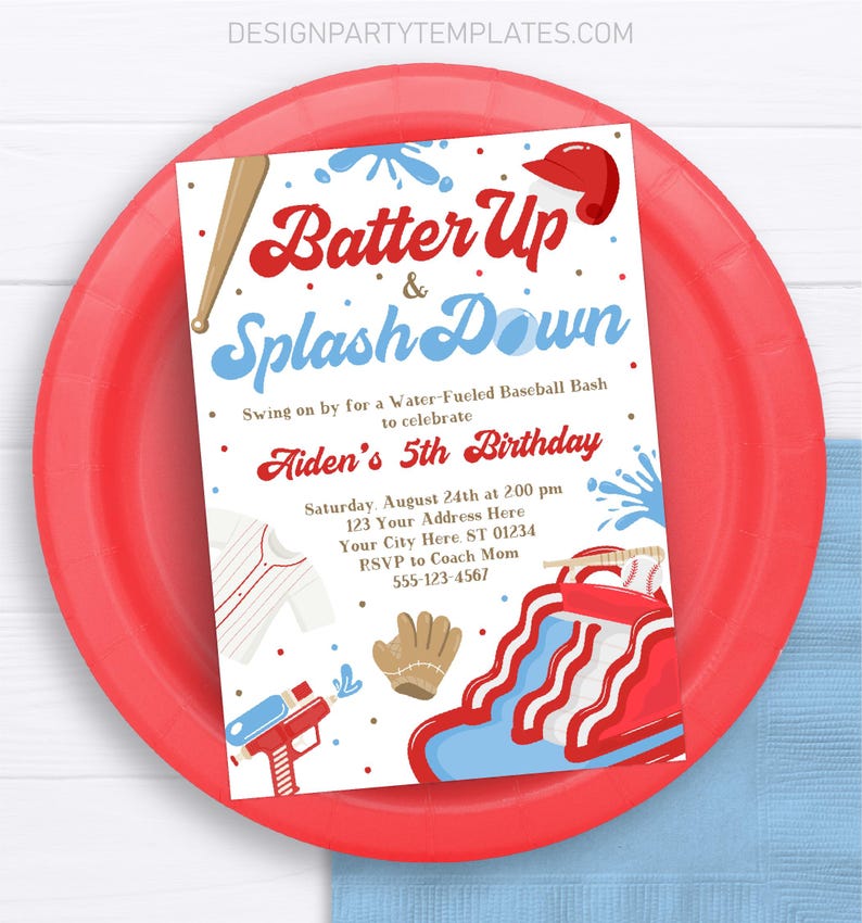May include: A baseball-themed birthday party invitation with a red, white, and blue color scheme. The invitation features a baseball player, a water slide, and a baseball bat. The text on the invitation reads "Batter Up & Splash Down" and "Aiden's 5th Birthday".