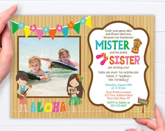 Twins Luau Birthday Invitation, Editable Luau Invitation Template, Printable Siblings Birthday Party Invite, Summer Mister and Sister Invite