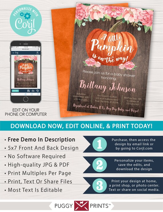Pumpkin Baby Shower Invitation, Halloween Invitations, Thanksgiving, Rustic, Autumn, Fall, A Little Pumpkin Is On The Way, Editable Download Il_570xn