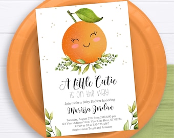 Little Cutie Baby Shower Invitation, Editable Orange Baby Shower Invitation Template, Printable Clementine Citrus Invitations, Download