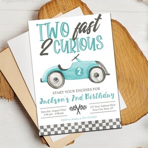 May include: A blue and white birthday invitation with a cartoon car and the text "TWO fast 2 CURIOUS" and "Jackson's 2nd Birthday".