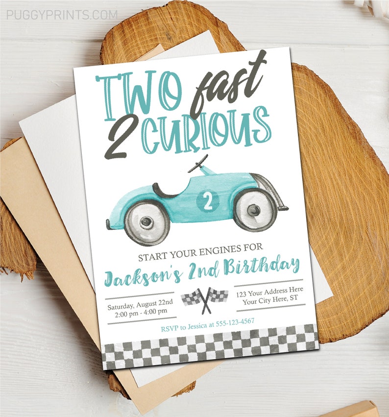 May include: A blue and white birthday invitation with a cartoon car and the text "TWO fast 2 CURIOUS" and "Jackson's 2nd Birthday".