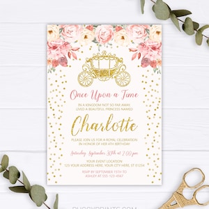 Invitación de cumpleaños de princesa, invitación de princesa, invitación de carruaje de Cenicienta, Érase una vez, fiesta de princesa, cumpleaños rosa y dorado