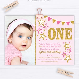 Twinkle Twinkle Little Star Birthday Invitation, Editable Twinkle Little Star Invitation Template, Printable Pink and Gold First Birthday image 2