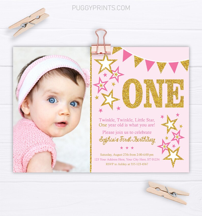 Twinkle Twinkle Little Star Birthday Invitation, Editable Twinkle Little Star Invitation Template, Printable Pink and Gold First Birthday image 2