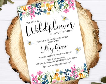 Wildflower Birthday Invitation, Editable Wildflower Invitation Template, Printable Wildflowers First Birthday Invite, Girl 1st Birthday