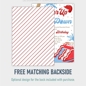 May include: Baseball-themed birthday party invitation with red and white stripes on the back. The front features a red and white baseball slide with a baseball bat, a baseball cap, and blue water splashes. The text reads "Batter Up Down Fueled Baseball Bash Birthday 4th at 2:00 pm Address Here [Street Address] [City, State, Zip] [Phone Number]"