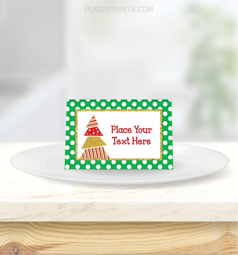 Christmas Party Place Cards, Editable Christmas Tent Card Template, Printable Christmas Tree Holiday Food Labels, Xmas Name Place Cards image 2