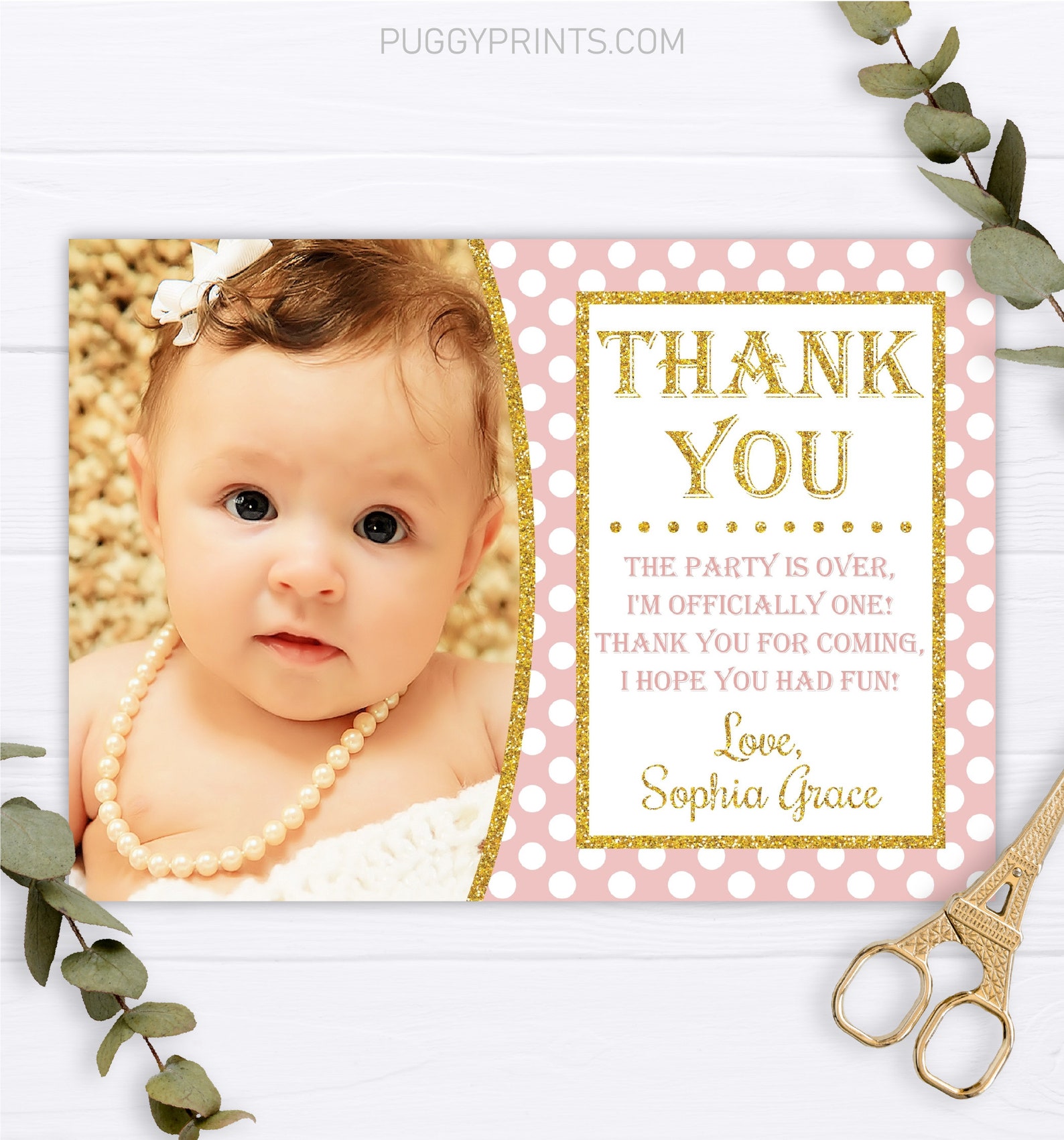 Pink and Gold Thank You Card First Birthday Thank You Cards Etsy