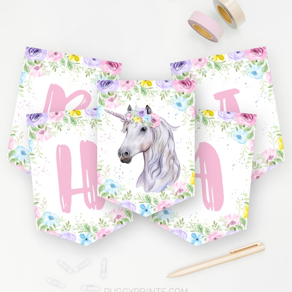 Unicorn Horse Happy Birthday Banner, Printable Unicorn Banner, Cowgirl Party Banner, Girl Horse Birthday Party Decorations, Instant Download