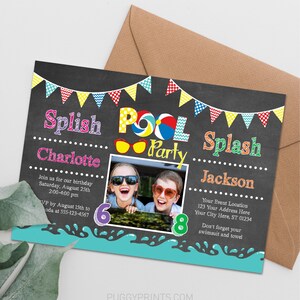 May include: A chalkboard style invitation for a pool party with a photo of two children wearing sunglasses. The invitation says "Splish Splash Pool Party" with the children's names "Charlotte" and "Jackson". The invitation includes the date, time, and RSVP information.