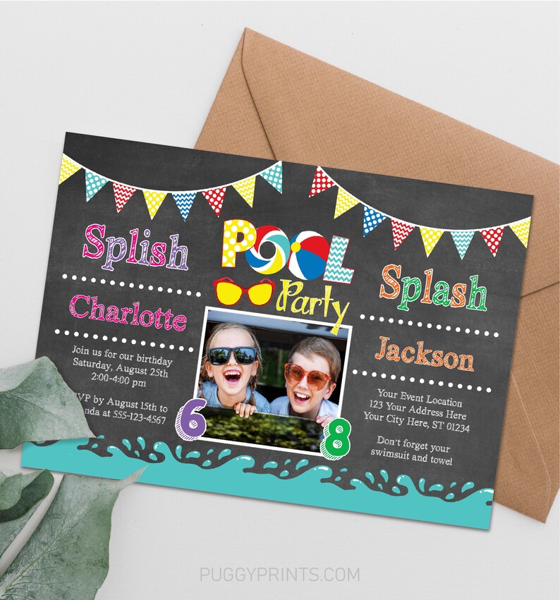 May include: A chalkboard style invitation for a pool party with a photo of two children wearing sunglasses. The invitation says "Splish Splash Pool Party" with the children's names "Charlotte" and "Jackson". The invitation includes the date, time, and RSVP information.