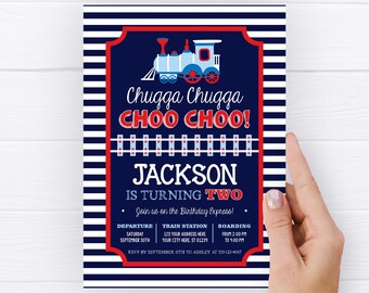 Train Birthday Invitation, Editable Train Invitation Boy, Chugga Chugga Choo Choo, Boys 2nd Birthday Invitations, Navy and Red Train Party