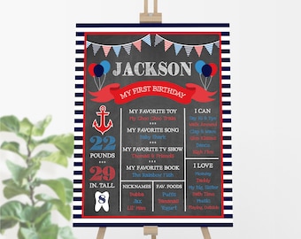 Nautical Birthday Chalkboard Poster, Editable Nautical First Birthday Stats Poster, Printable Milestones Poster