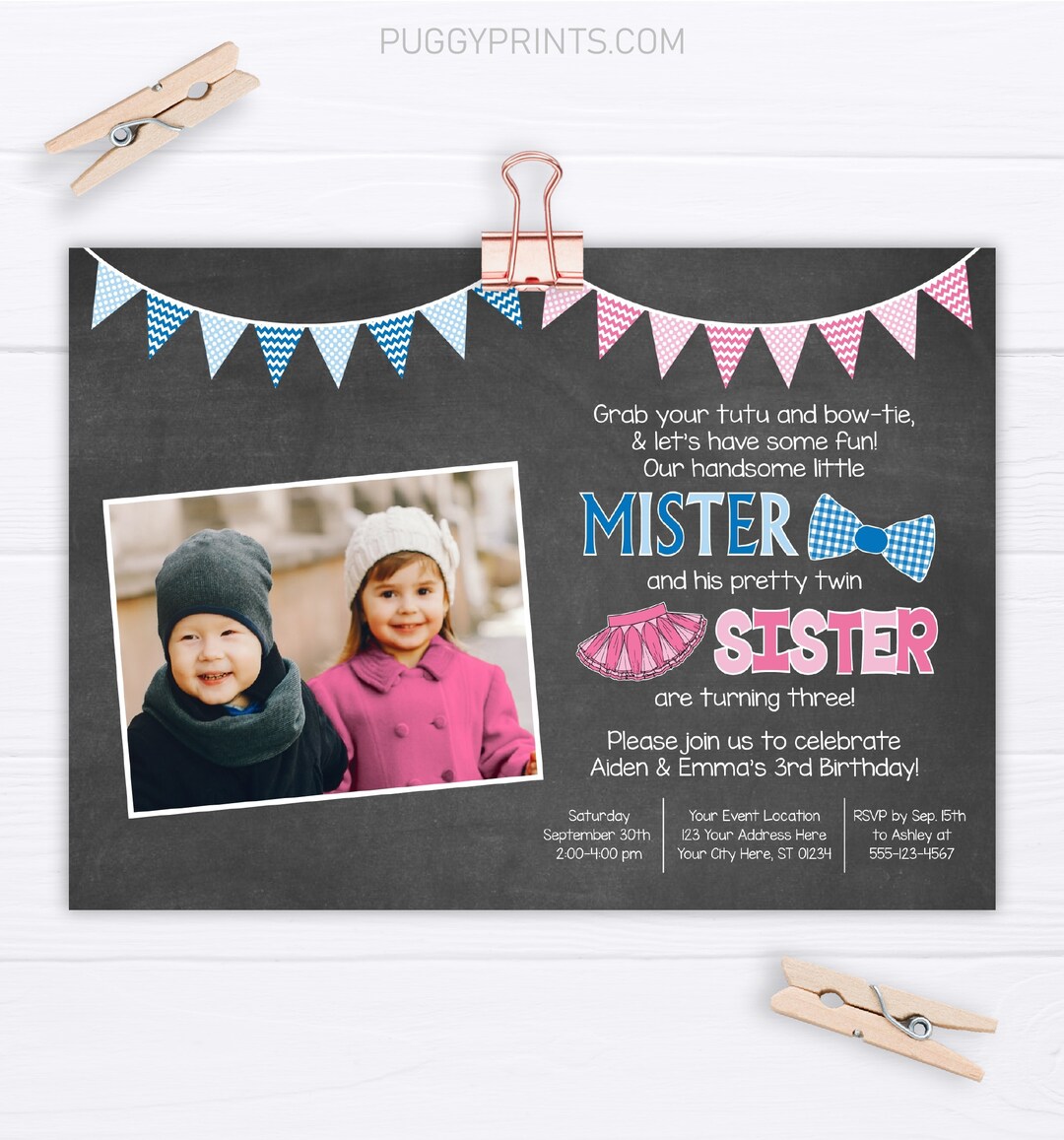 Tutus and Ties Twins Birthday Invitation for a Mister and Sister Theme