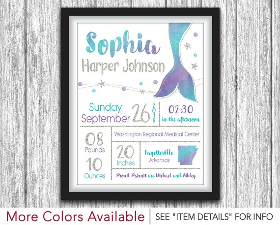 Mermaid Birth Stats Wall Art | Personalized Nursery Art | Under the Sea Baby Announcement | Printable 8"x10" Sign | DIY Digital File Il_570xn