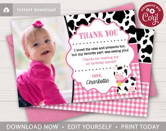 Cow Birthday Thank You Card with Photo | Editable Template Online | Instant Download CWP